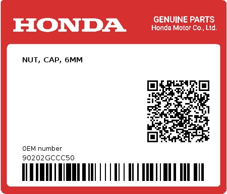 Product image: Honda - 90202GCCC50 - NUT, CAP, 6MM  0