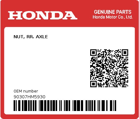 Product image: Honda - 90307HM5930 - NUT, RR. AXLE  0