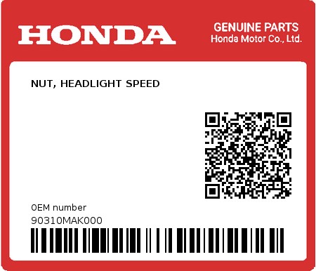 Product image: Honda - 90310MAK000 - NUT, HEADLIGHT SPEED  0