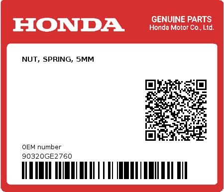 Product image: Honda - 90320GE2760 - NUT, SPRING, 5MM  0