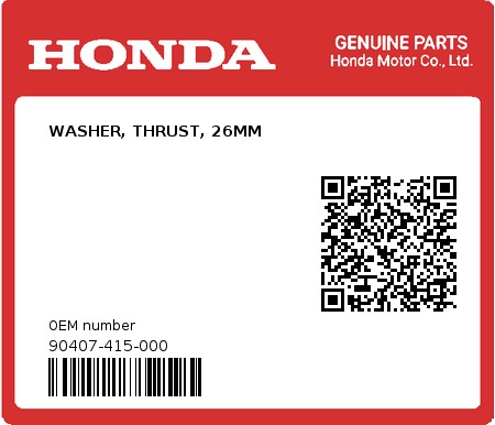 Product image: Honda - 90407-415-000 - WASHER, THRUST, 26MM  0