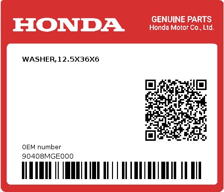 Product image: Honda - 90408MGE000 - WASHER,12.5X36X6  0