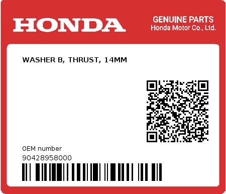Product image: Honda - 90428958000 - WASHER B, THRUST, 14MM  0