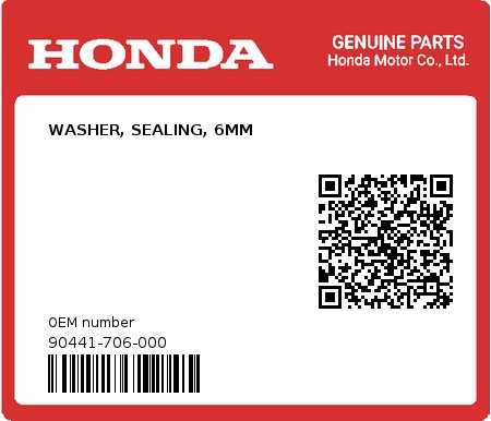 Product image: Honda - 90441-706-000 - WASHER, SEALING, 6MM  0