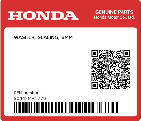 Product image: Honda - 90442MR1770 - WASHER, SEALING, 8MM  0