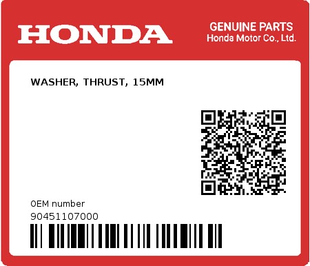 Product image: Honda - 90451107000 - WASHER, THRUST, 15MM  0