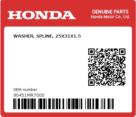 Product image: Honda - 90451MR7000 - WASHER, SPLINE, 25X31X1.5  0