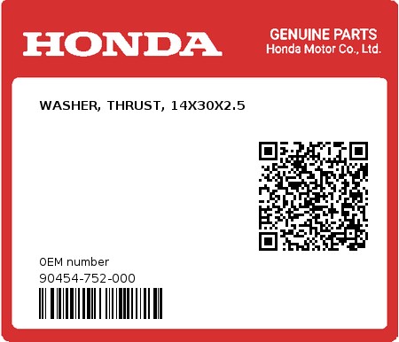 Product image: Honda - 90454-752-000 - WASHER, THRUST, 14X30X2.5  0