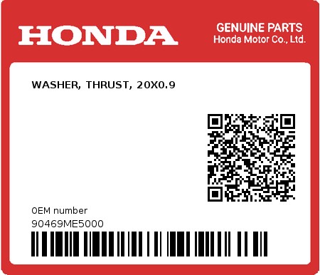 Product image: Honda - 90469ME5000 - WASHER, THRUST, 20X0.9  0