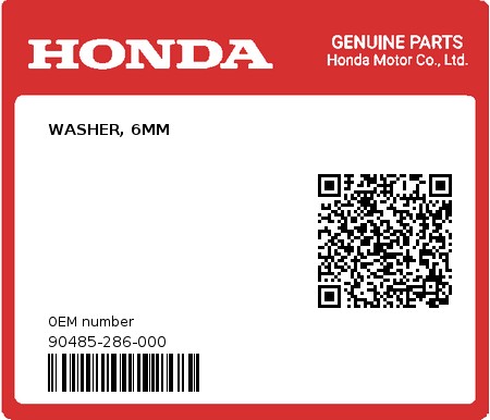 Product image: Honda - 90485-286-000 - WASHER, 6MM  0