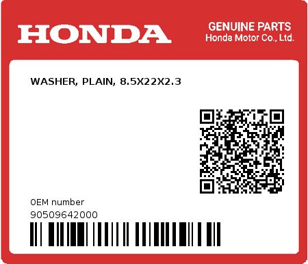 Product image: Honda - 90509642000 - WASHER, PLAIN, 8.5X22X2.3  0