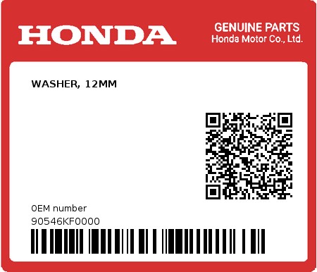Product image: Honda - 90546KF0000 - WASHER, 12MM  0