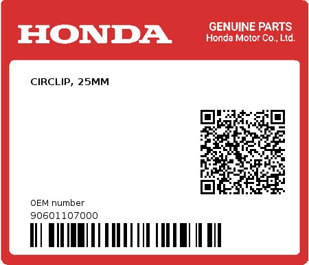 Product image: Honda - 90601107000 - CIRCLIP, 25MM  0