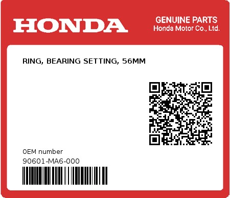 Product image: Honda - 90601-MA6-000 - RING, BEARING SETTING, 56MM  0