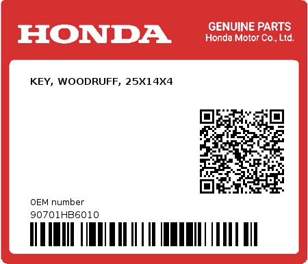 Product image: Honda - 90701HB6010 - KEY, WOODRUFF, 25X14X4  0