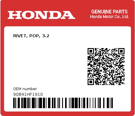 Product image: Honda - 90841HF1910 - RIVET, POP, 3.2  0