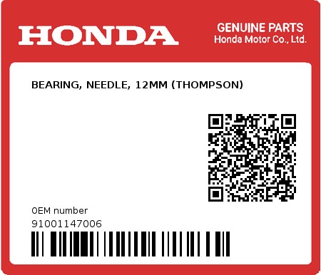 Product image: Honda - 91001147006 - BEARING, NEEDLE, 12MM (THOMPSON)  0