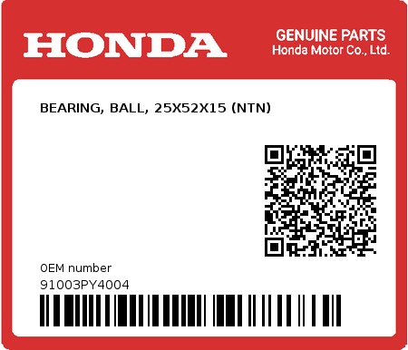 Product image: Honda - 91003PY4004 - BEARING, BALL, 25X52X15 (NTN)  0