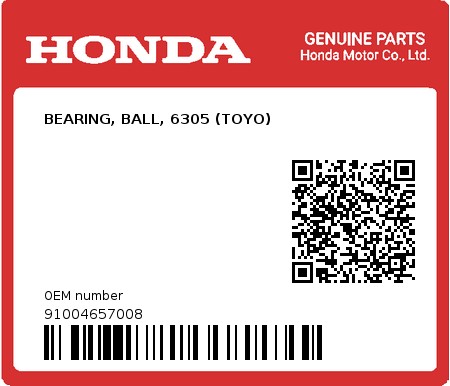 Product image: Honda - 91004657008 - BEARING, BALL, 6305 (TOYO)  0