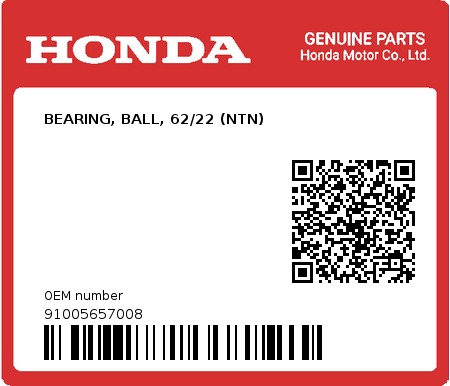 Product image: Honda - 91005657008 - BEARING, BALL, 62/22 (NTN)  0