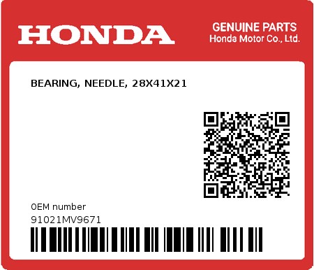 Product image: Honda - 91021MV9671 - BEARING, NEEDLE, 28X41X21  0