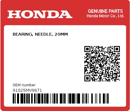 Product image: Honda - 91025MV9671 - BEARING, NEEDLE, 20MM  0