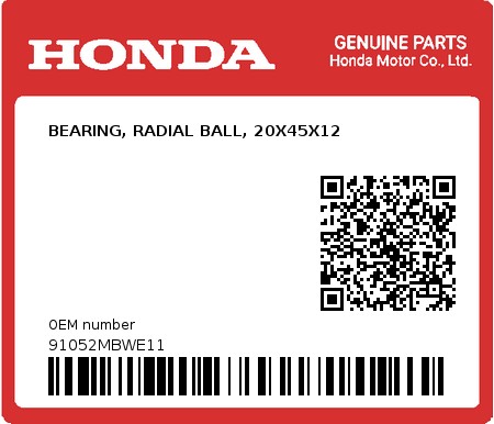 Product image: Honda - 91052MBWE11 - BEARING, RADIAL BALL, 20X45X12  0