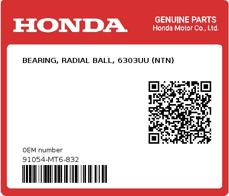 Product image: Honda - 91054-MT6-832 - BEARING, RADIAL BALL, 6303UU (NTN)  0