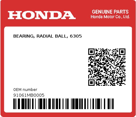 Product image: Honda - 91061MB0005 - BEARING, RADIAL BALL, 6305  0