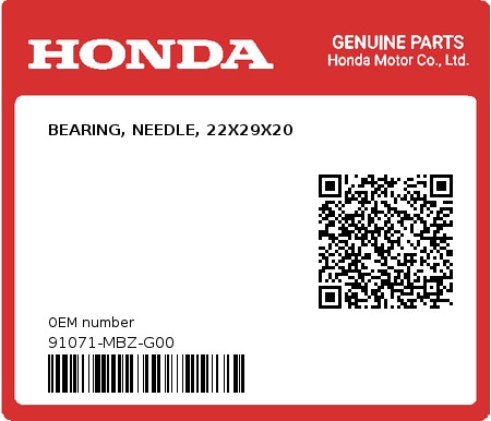 Product image: Honda - 91071-MBZ-G00 - BEARING, NEEDLE, 22X29X20  0