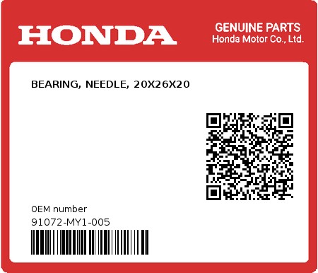 Product image: Honda - 91072-MY1-005 - BEARING, NEEDLE, 20X26X20  0