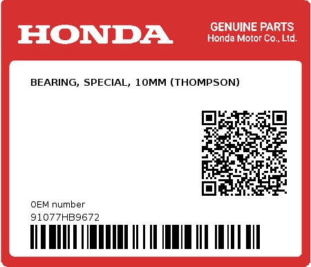 Product image: Honda - 91077HB9672 - BEARING, SPECIAL, 10MM (THOMPSON)  0