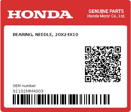 Product image: Honda - 91102MM4003 - BEARING, NEEDLE, 20X24X10  0