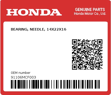 Product image: Honda - 91106MCF003 - BEARING, NEEDLE, 14X22X16  0