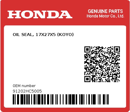 Product image: Honda - 91202HC5005 - OIL SEAL, 17X27X5 (KOYO)  0
