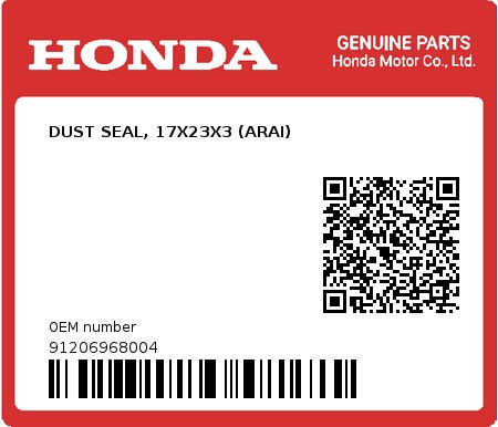 Product image: Honda - 91206968004 - DUST SEAL, 17X23X3 (ARAI)  0