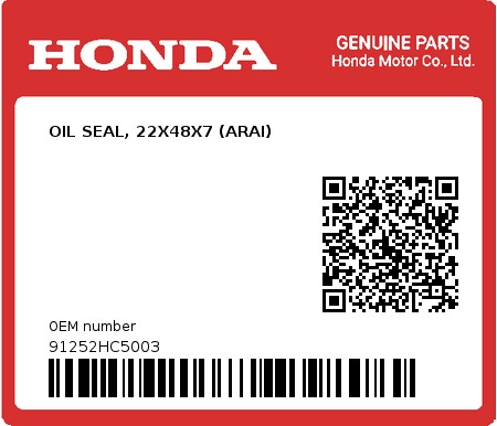 Product image: Honda - 91252HC5003 - OIL SEAL, 22X48X7 (ARAI)  0