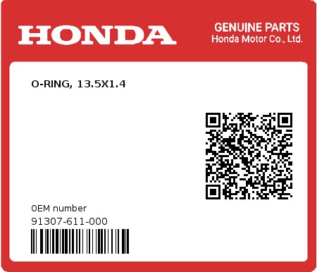 Product image: Honda - 91307-611-000 - O-RING, 13.5X1.4  0