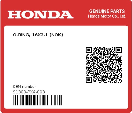 Product image: Honda - 91309-PX4-003 - O-RING, 16X2.1 (NOK)  0