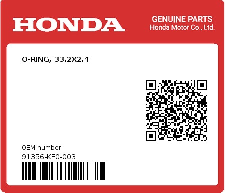 Product image: Honda - 91356-KF0-003 - O-RING, 33.2X2.4  0