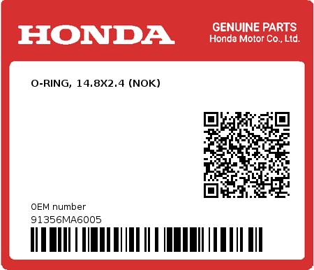 Product image: Honda - 91356MA6005 - O-RING, 14.8X2.4 (NOK)  0