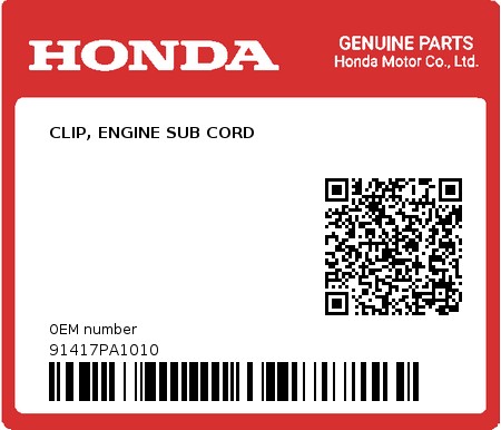 Product image: Honda - 91417PA1010 - CLIP, ENGINE SUB CORD  0