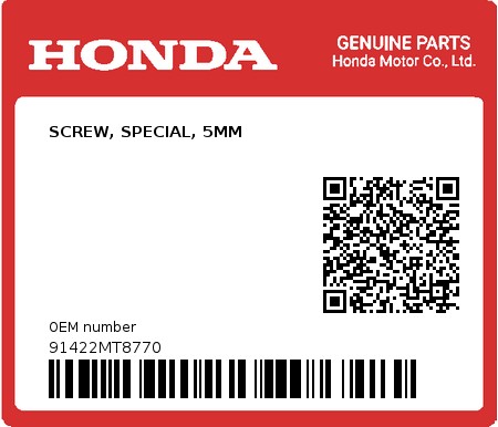 Product image: Honda - 91422MT8770 - SCREW, SPECIAL, 5MM  0