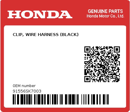 Product image: Honda - 91556SK7003 - CLIP, WIRE HARNESS (BLACK)  0