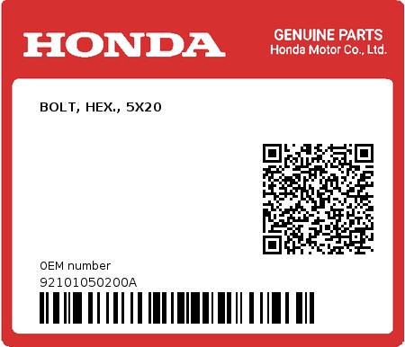 Product image: Honda - 92101050200A - BOLT, HEX., 5X20  0