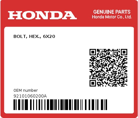 Product image: Honda - 92101060200A - BOLT, HEX., 6X20  0