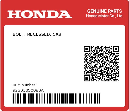 Product image: Honda - 92301050080A - BOLT, RECESSED, 5X8  0