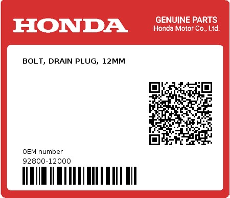 Product image: Honda - 92800-12000 - BOLT, DRAIN PLUG, 12MM  0