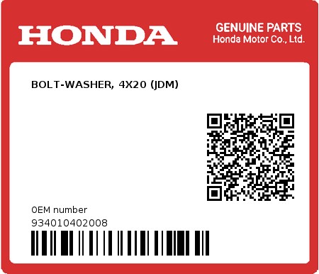 Product image: Honda - 934010402008 - BOLT-WASHER, 4X20 (JDM)  0
