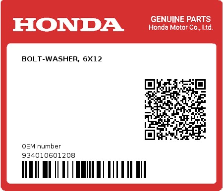 Product image: Honda - 934010601208 - BOLT-WASHER, 6X12  0